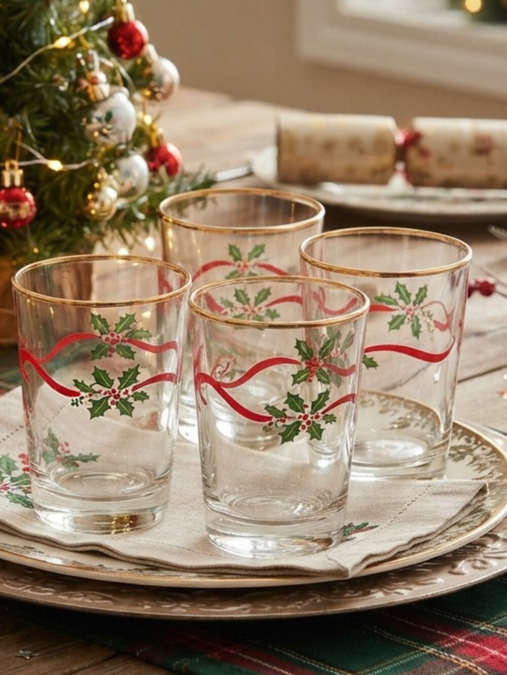 4 Christmas Holly & Ribbon Glasses New🎄
